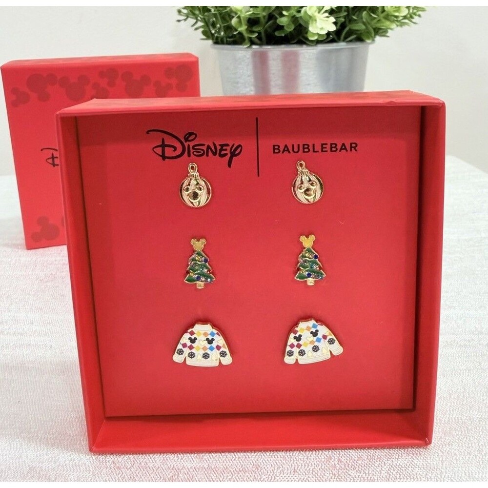 DISNEY BAUBLEBAR HOLIDAY EARRINGS SET 3 PAIR MICKEY MOUSE CHRISTMAS TREE SWEATER